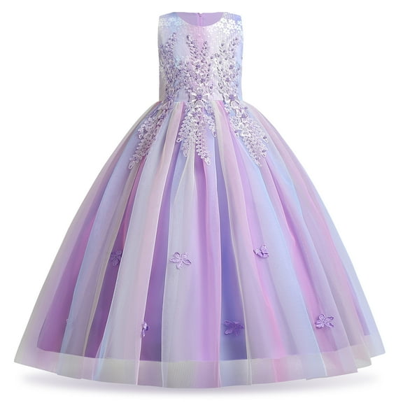 IBTOM CASTLE Kids Girls Flower Vintage Lace Princess Long Dress Tulle Pageant Formal Party Wedding Floor Dance Evening Gown 5-6 Years Rainbow Purple