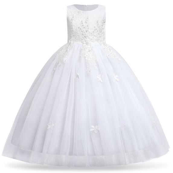 IBTOM CASTLE Kids Girls Flower Vintage Lace Princess Long Dress Tulle Pageant Formal Party Wedding Floor Dance Evening Gown 5-6 Years White