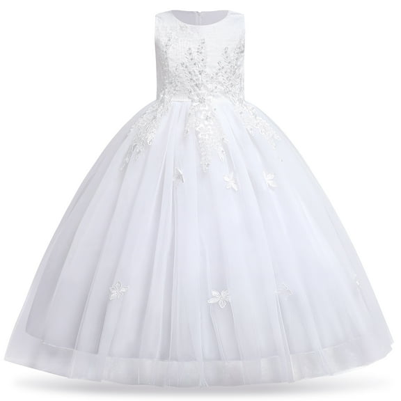 IBTOM CASTLE Kids Girls Flower Vintage Lace Princess Long Dress Tulle Pageant Formal Party Wedding Floor Dance Evening Gown 5-6 Years White