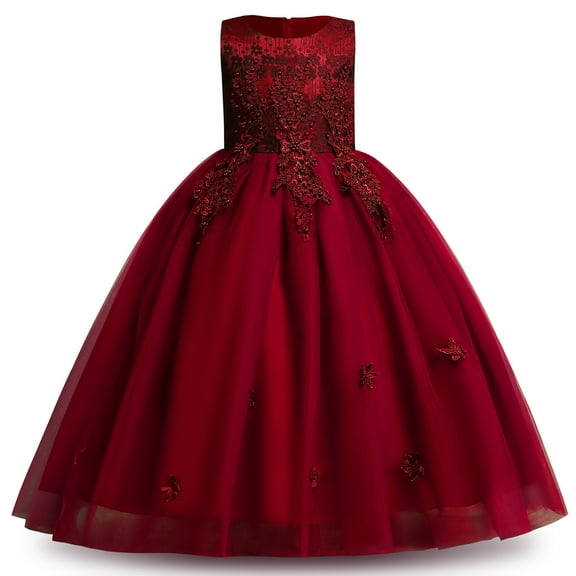 IBTOM CASTLE Kids Girls Flower Vintage Lace Princess Long Dress Tulle Pageant Formal Party Wedding Floor Dance Evening Gown 5-6 Years Wine Red