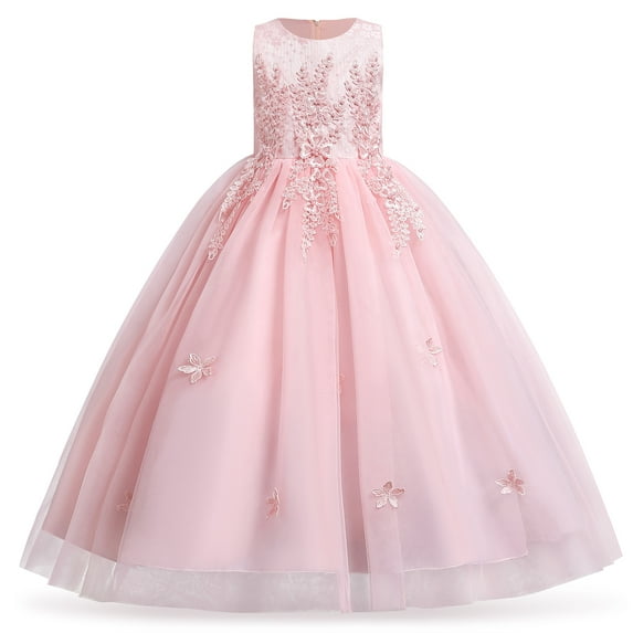 IBTOM CASTLE Kids Girls Flower Vintage Lace Princess Long Dress Tulle Pageant Formal Party Wedding Floor Dance Evening Gown 9-10 Years Light Pink