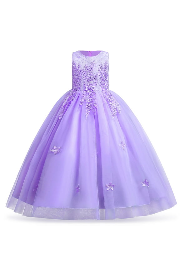 Kids Girls Flower Vintage Lace Princess Long Dress Tulle Pageant Formal Party Wedding Floor Dance Evening Gown 9-10 Years Light Purple