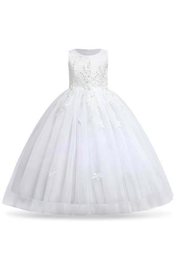 Kids Girls Flower Vintage Lace Princess Long Dress Tulle Pageant Formal Party Wedding Floor Dance Evening Gown 9-10 Years White
