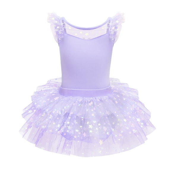 IBTOM CASTLE Kids Girls Glitter Star Leotard Sequin Ruffle Sleeve Ballet Dance Dress Ballerina Dancewear Gymnastics Outfit 3-4 Years Purple
