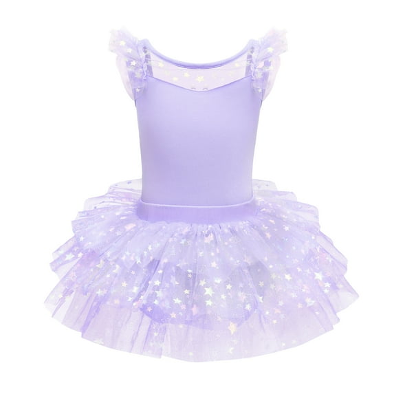 IBTOM CASTLE Kids Girls Glitter Star Leotard Sequin Ruffle Sleeve Ballet Dance Dress Ballerina Dancewear Gymnastics Outfit 5-6 Years Purple