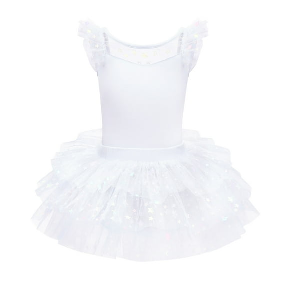 IBTOM CASTLE Kids Girls Glitter Star Leotard Sequin Ruffle Sleeve Ballet Dance Dress Ballerina Dancewear Gymnastics Outfit 7-8 Years White