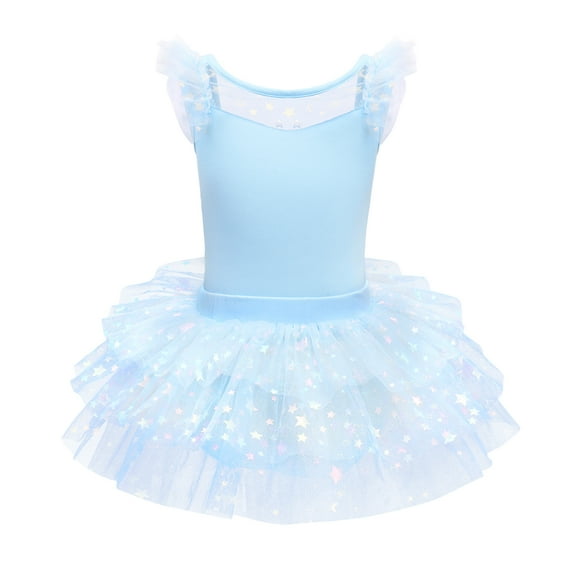 IBTOM CASTLE Kids Girls Glitter Star Leotard Sequin Ruffle Sleeve Ballet Dance Dress Ballerina Dancewear Gymnastics Outfit 9-10 Years Blue