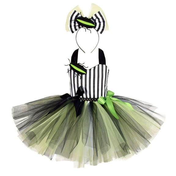 IBTOM CASTLE Kids Girls Halloween Cosplay Fancy Dress up Black and White Striped Ruffle Tulle Tutu Dress with Headband Carnival Birthday Outfit for Child 7-8 Years Black Stripe
