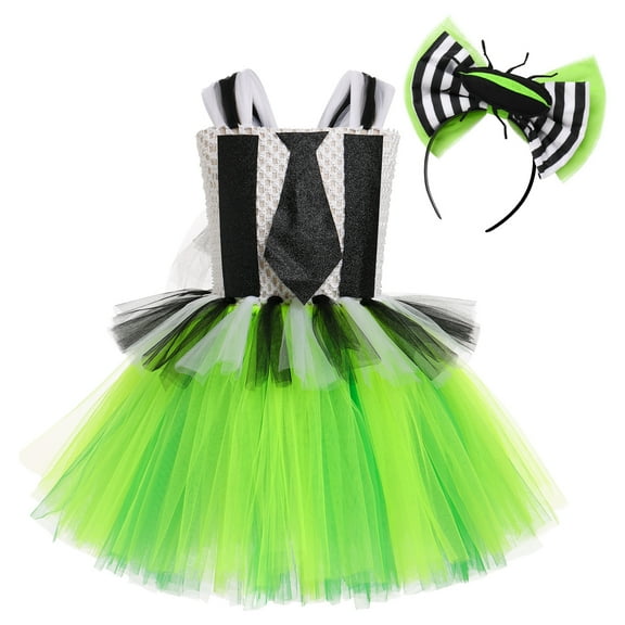 IBTOM CASTLE Kids Girls Halloween Costume Black and White Striped Tulle Dress Headband Set Cosplay Carnival Birthday Outfit 8-9 Years Black   Green