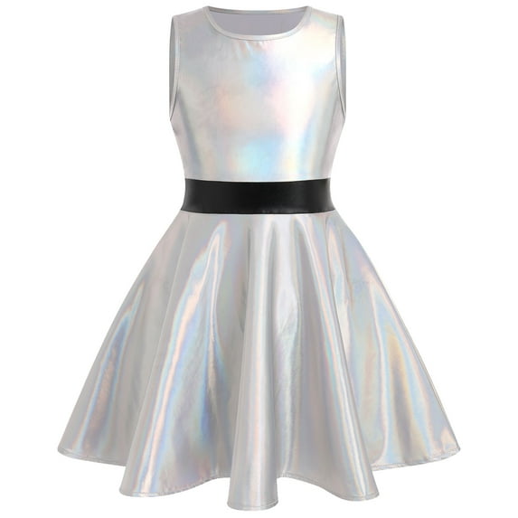 IBTOM CASTLE Kids Girls Halloween Costume Holographic Skater Dress Metallic Music Festivals Outfit Cosplay Carnival Birthday Party Dress up 3-4 Years Holographic Silver
