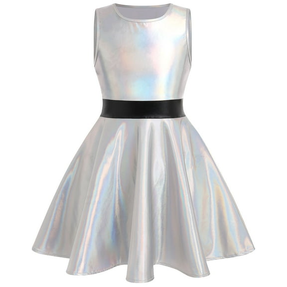 IBTOM CASTLE Kids Girls Halloween Costume Holographic Skater Dress Metallic Music Festivals Outfit Cosplay Carnival Birthday Party Dress up 7-8 Years Holographic Silver