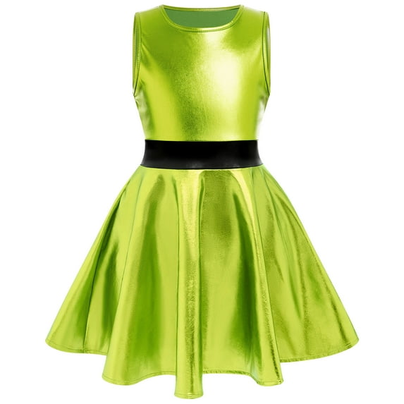IBTOM CASTLE Kids Girls Halloween Costume Holographic Skater Dress Metallic Music Festivals Outfit Cosplay Carnival Birthday Party Dress up 5-6 Years Fluorescent Green