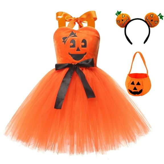 IBTOM CASTLE Kids Girls Halloween Pumpkin Tutu Dresses with Headband Bag Cosplay Princess Fancy Dress up Outfits 6-7 Years Orange