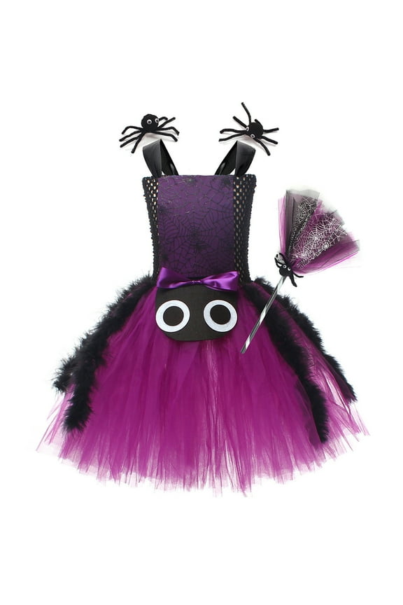 Kids Girls Halloween Witch Costume Spider Ruffle Tulle Dress Spaghetti Straps Cosplay Dress up 2-3 Years Purple