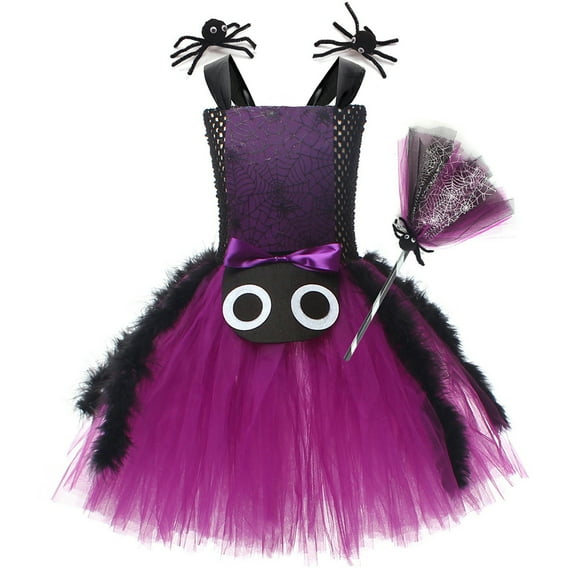 IBTOM CASTLE Kids Girls Halloween Witch Costume Spider Ruffle Tulle Dress Spaghetti Straps Cosplay Dress up 4-5 Years Purple