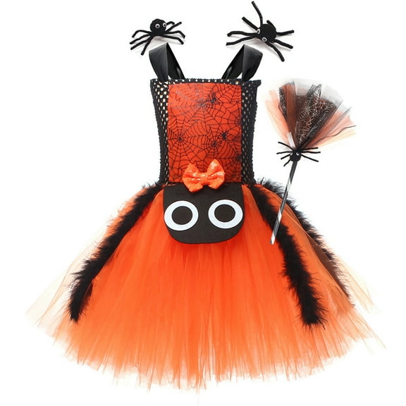 IBTOM CASTLE Kids Girls Halloween Witch Costume Spider Ruffle Tulle Dress Spaghetti Straps Cosplay Dress up 8-9 Years Orange