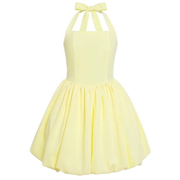 IBTOM CASTLE Kids Girls Halter Bubble Ruffle Dress Summer Sleeveless A-line Solid Color Midi Dress Elegant Formal Prom Gown Yellow