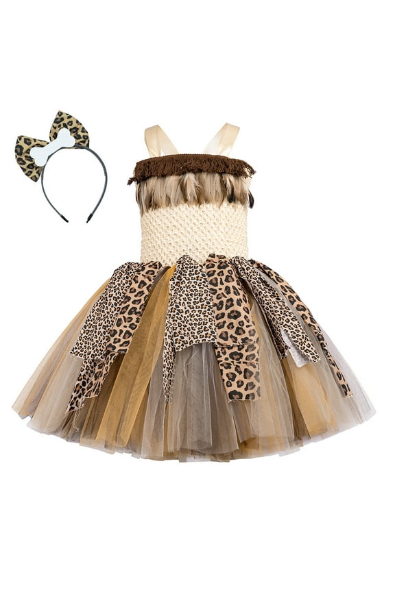 Kids Girls Jungle Safari Outfit Wild Halloween Birthday Party Dress up Cavegirl Costume with Headband for Photo Shoot 5-6 Years Khaki Leopard