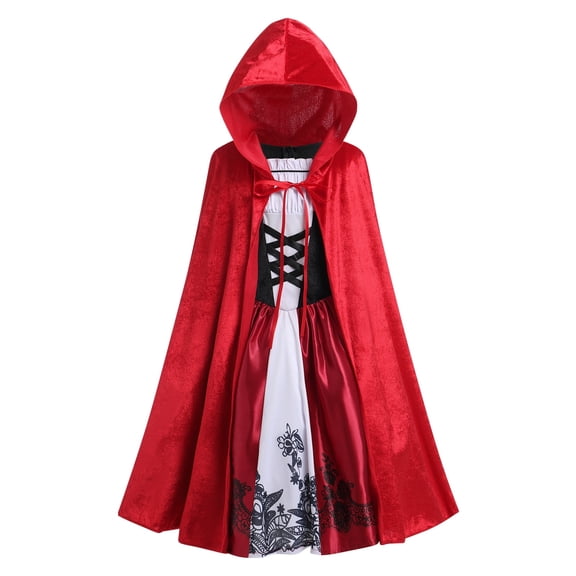 IBTOM CASTLE Kids Girls Little Red Riding Hood Clothes Halloween Carnival Birthday Party Dress up with Hooded Cloak Cape 2PCS Outfit Set 7-8 Years Red