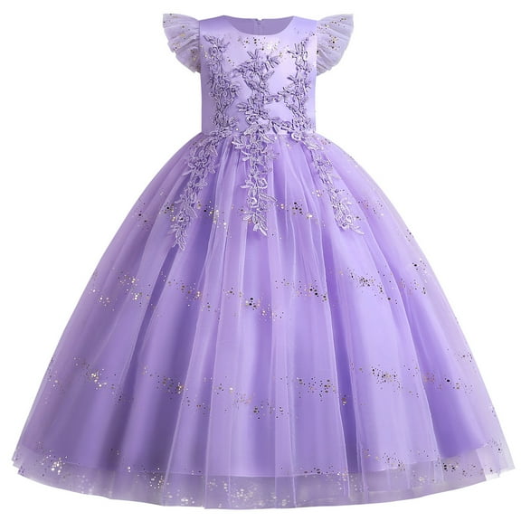 IBTOM CASTLE Kids Girls Long Communion Princess Dresses Flower Pageant Party Wedding Floor Length Dance Evening Gowns 5-6 Years Purple