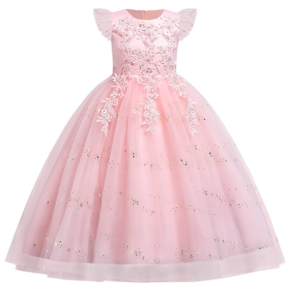 IBTOM CASTLE Kids Girls Long Communion Princess Dresses Flower Pageant Party Wedding Floor Length Dance Evening Gowns 7-8 Years Pink