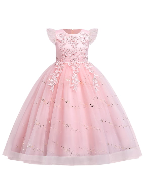 Kids Girls Long Communion Princess Dresses Flower Pageant Party Wedding Floor Length Dance Evening Gowns 7-8 Years Pink