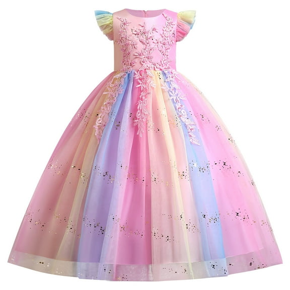 IBTOM CASTLE Kids Girls Long Communion Princess Dresses Flower Pageant Party Wedding Floor Length Dance Evening Gowns 7-8 Years Rainbow Pink