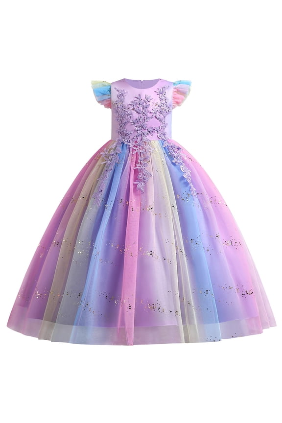 Kids Girls Long Communion Princess Dresses Flower Pageant Party Wedding Floor Length Dance Evening Gowns 7-8 Years Rainbow Purple