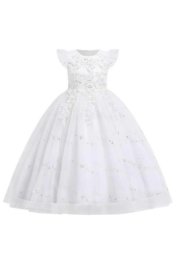Kids Girls Long Communion Princess Dresses Flower Pageant Party Wedding Floor Length Dance Evening Gowns 7-8 Years White
