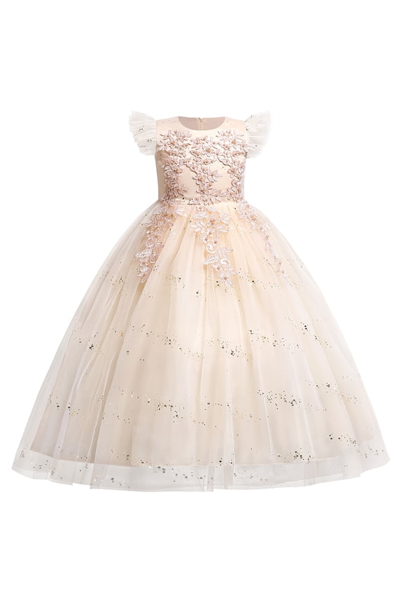 Kids Girls Long Communion Princess Dresses Flower Pageant Party Wedding Floor Length Dance Evening Gowns 9-10 Years Champagne