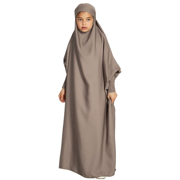 IBTOM CASTLE Kids Girls Long Sleeve Full Cover Hijab Kaftan Dubai Islamic Prayer Dress Abaya Muslim Hooded Robe Ramadan Clothing 11-12 Years Khaki