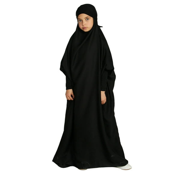IBTOM CASTLE Kids Girls Long Sleeve Full Cover Hijab Kaftan Dubai Islamic Prayer Dress Abaya Muslim Hooded Robe Ramadan Clothing 12-13 Years Black