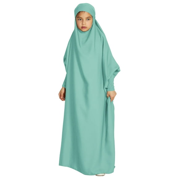 IBTOM CASTLE Kids Girls Long Sleeve Full Cover Hijab Kaftan Dubai Islamic Prayer Dress Abaya Muslim Hooded Robe Ramadan Clothing 6-7 Years Light Green