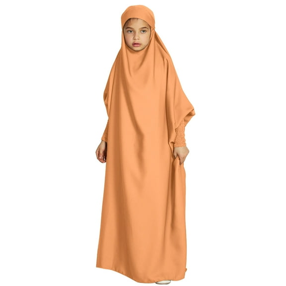 IBTOM CASTLE Kids Girls Long Sleeve Full Cover Hijab Kaftan Dubai Islamic Prayer Dress Abaya Muslim Hooded Robe Ramadan Clothing 6-7 Years Orange