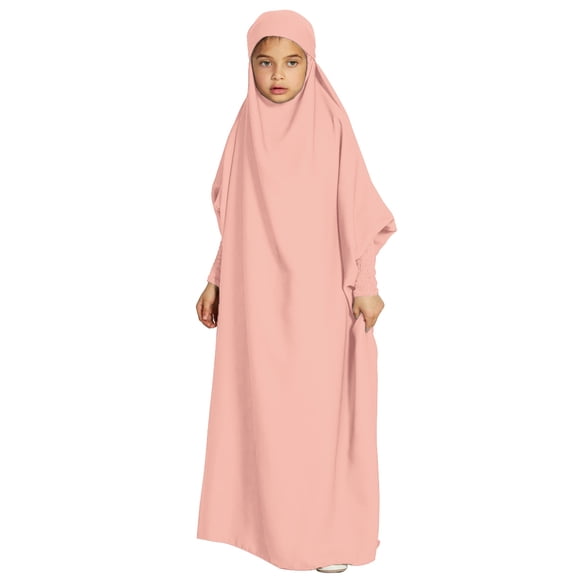 IBTOM CASTLE Kids Girls Long Sleeve Full Cover Hijab Kaftan Dubai Islamic Prayer Dress Abaya Muslim Hooded Robe Ramadan Clothing 8-9 Years Pink