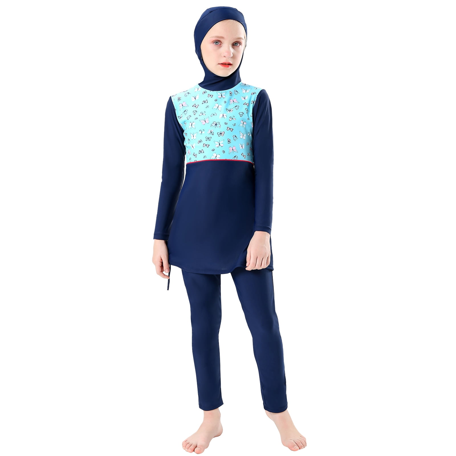IBTOM CASTLE Kids Girls Modest Swimwear Swimsuit Long Sleeves Shirts Pants  Muslim ​Bathing Suit 7-8 Years Navy Blue 