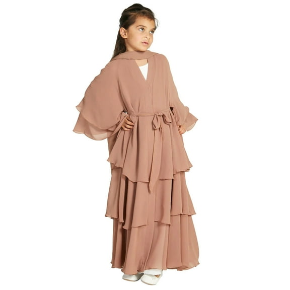 IBTOM CASTLE Kids Girls Muslim Abaya Dress Long Sleeve Chiffon Islamic Kaftan Robe Open Front Cardigan Prayer Dress with Hijab 11-12 Years Brown
