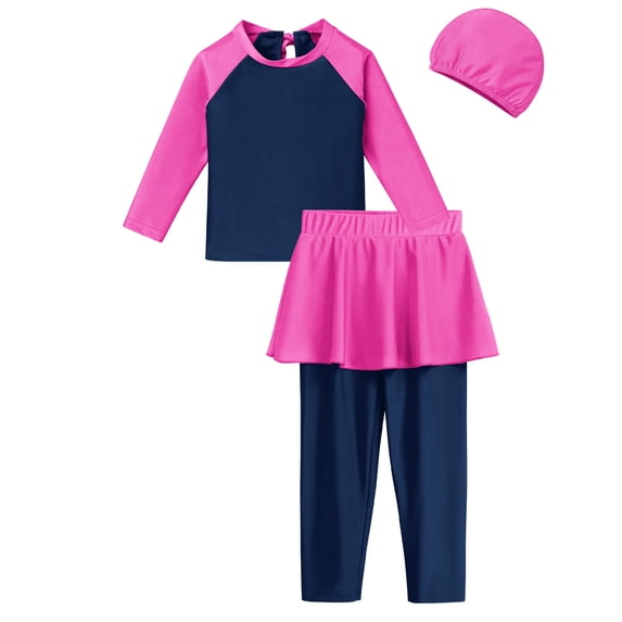 IBTOM CASTLE Kids Girls Muslim Swimsuit 3-Piece Top Pants Cap Full Cover Hijab Burkini Bathing Suit Islamic Arabic Modest Swimwear Sunsuit Beachwear 11-12 Years Navy Blue + Hot Pink