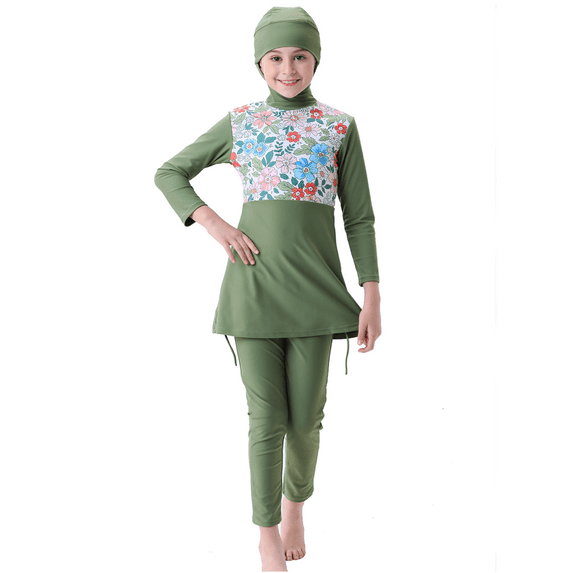 IBTOM CASTLE Kids Girls Muslim Swimsuit Long Sleeve Butterfly Flower Printed Islamic Swimwear Burkini Full Cover Cap Top Pants 3PCS Modest Bathing Suit 9-10 Years Sage Green