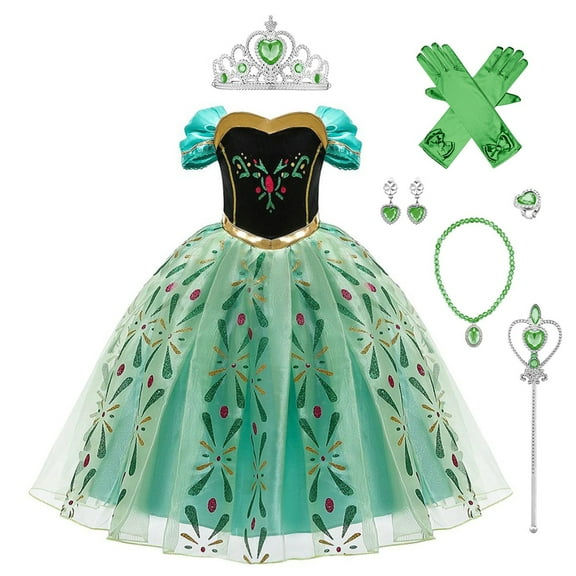 IBTOM CASTLE Kids Girls Princess Costume Halloween Cosplay Christmas Carnival Role Play Birthday Party Dress with Accessories Fancy Dress up 7Pcs Outfits 5-6 Years Green