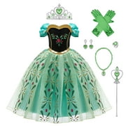 IBTOM CASTLE Kids Girls Princess Costume Snow Dress Up Halloween Christmas Carnival Show Cosplay Queen Role Play Birthday Party Fancy Dress Outfit 5-6 Years Green