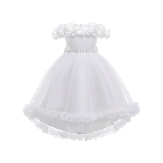 IBTOM CASTLE Kids Girls Princess Dress Mesh 3D Flower Ruffle Tulle Dress Flower Girl Dress Birthday Party Dress Bowknot High-low Hemline Decor 7-8 Years White
