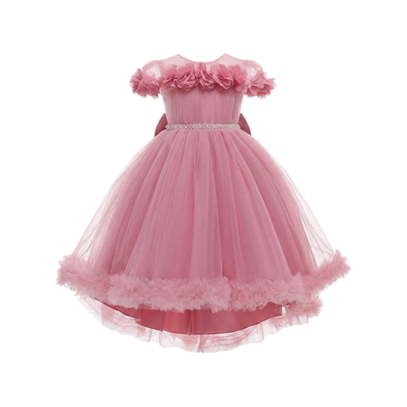 IBTOM CASTLE Kids Girls Princess Dress Mesh 3D Flower Ruffle Tulle Dress Flower Girl Dress Birthday Party Dress Bowknot High-low Hemline Decor Bean paste color