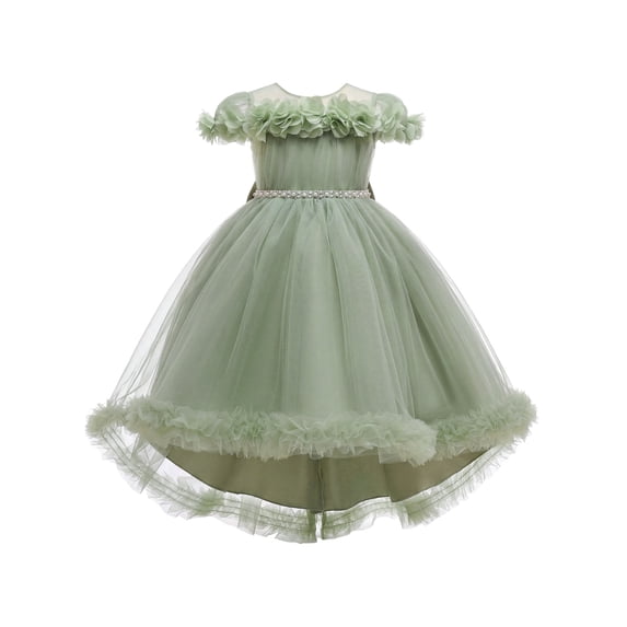 IBTOM CASTLE Kids Girls Princess Dress Mesh 3D Flower Ruffle Tulle Dress Flower Girl Dress Birthday Party Dress Bowknot High-low Hemline Decor Green