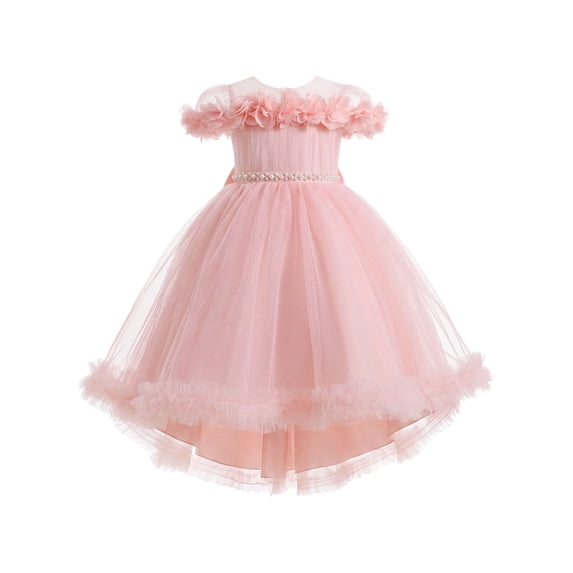 IBTOM CASTLE Kids Girls Princess Dress Mesh 3D Flower Ruffle Tulle Dress Flower Girl Dress Birthday Party Dress Bowknot High-low Hemline Decor Pink