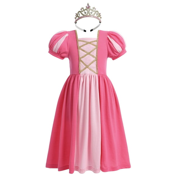 IBTOM CASTLE Kids Girls Princess Puff Sleeve Dresses   Crown Movie Character Costume Halloween Cosplay Fancy Dress Up Gown 5-6 Years Pink