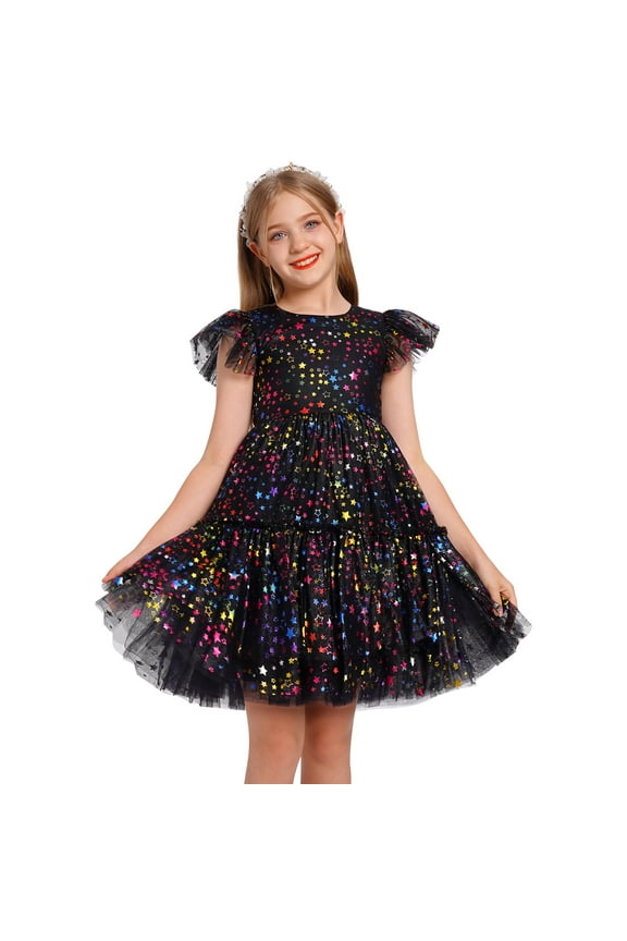 Kids Girls Princess Tulle Tutu Dress Flutter Sleeve Star Glitters Rainbow Birthday Party Pageant Summer Dresses 3-4 Years Black