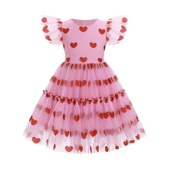 IBTOM CASTLE Kids Girls Princess Tulle Tutu Dress Flutter Sleeve Star Glitters Rainbow Birthday Party Pageant Summer Dresses 5-6 Years Dark Pink Heart