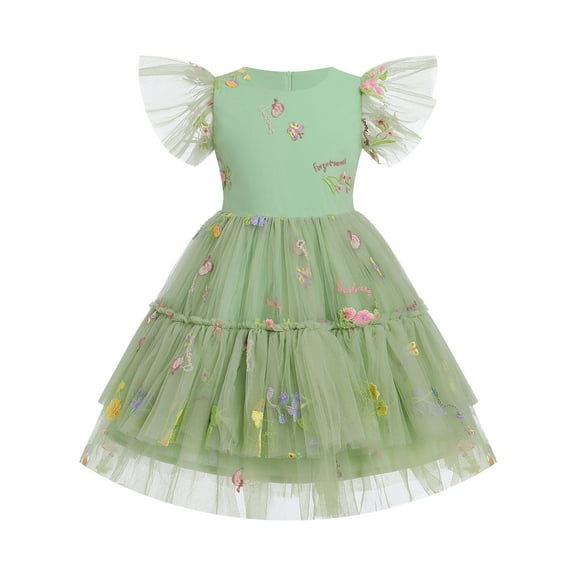 IBTOM CASTLE Kids Girls Princess Tulle Tutu Dress Flutter Sleeve Star Glitters Rainbow Birthday Party Pageant Summer Dresses 7-8 Years Green