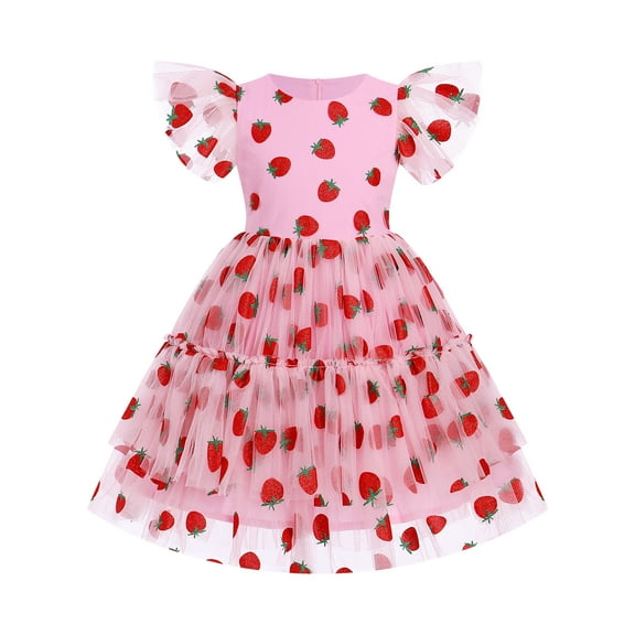 IBTOM CASTLE Kids Girls Princess Tulle Tutu Dress Flutter Sleeve Star Glitters Rainbow Birthday Party Pageant Summer Dresses 7-8 Years Pink Strawberry